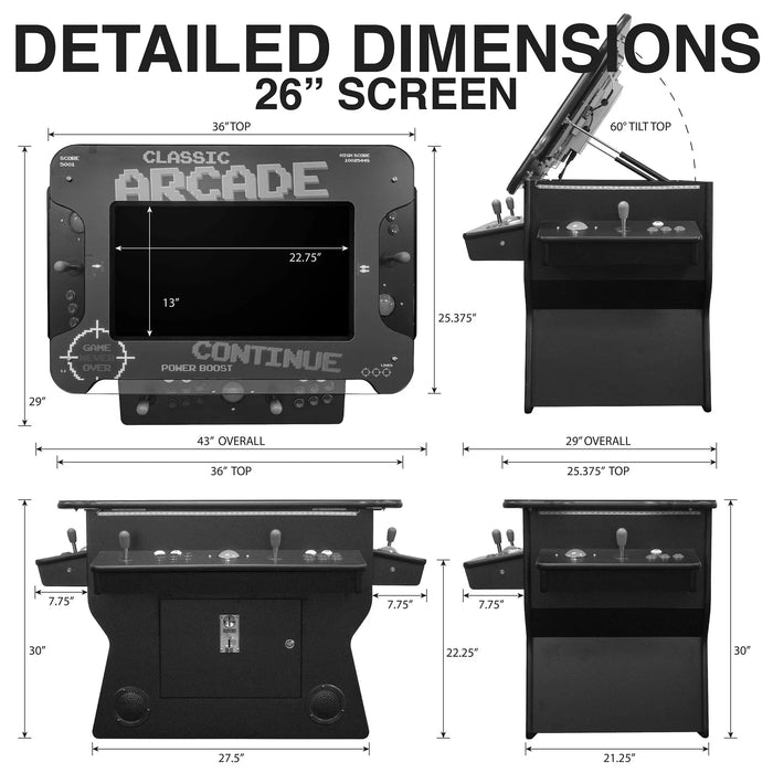 2 Player 3 Sided 26" Tilt Screen Cocktail Arcade Dimensions