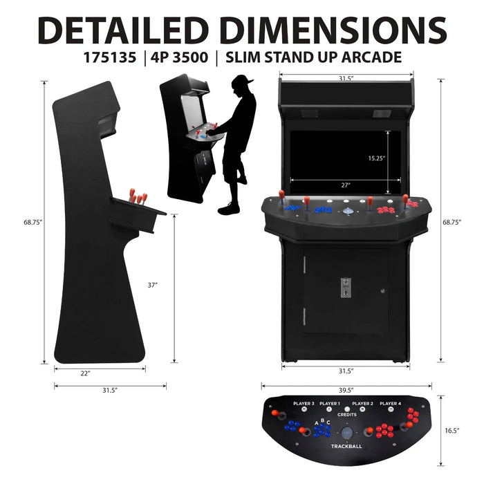 4 P Slim Stand-Up Arcade with Trackball and Joysticks | Arcade Games classic Arcades - Dimensions