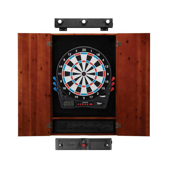 Viper Showdown Electronic Dartboard, Metropolitan Cinnamon Cabinet, Laser Throw Line & Shadow Buster Dartboard Light Bundle Darts Viper 