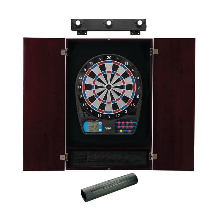 Viper | 787 Electronic Dartboard | Metropolitan Mahogany Cabinet | Laser Throw Line Marker | Padded Dart MAt | The Bull Starts Here | Shadow Buster Dartboard Lights