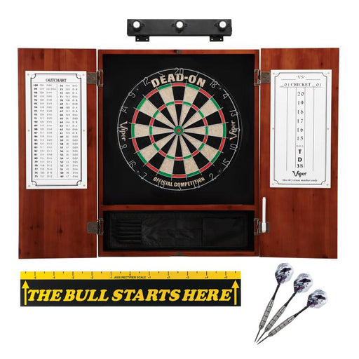 Viper Dead On Sisal Dartboard, Metropolitan Cinnamon Cabinet, Shadow Buster Dartboard Lights & "The Bull Starts Here" Throw Line Marker Darts Viper 