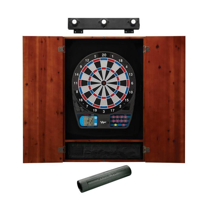 Viper | 787 Electronic Dartboard | Metropolitan Cinnamon Cabinet | Padded Dart Mat | The Bull Starts Here | Shadow Buster Dartboard Lights & Laser Throw Line Marker