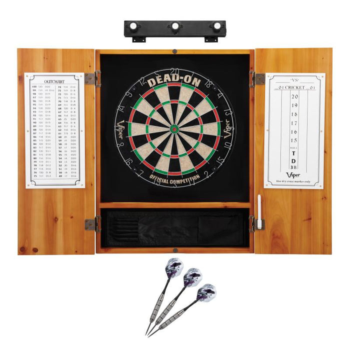 Viper Dead On Sisal Dartboard, Metropolitan Oak Cabinet, Underground The Raven Steel Tip Darts & Shadow Buster Dartboard Lights Darts Viper 