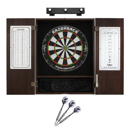 Viper Razorback Sisal Dartboard, Metropolitan Espresso Cabinet, Underground The Raven Steel Tip Darts & Shadow Buster Dartboard Lights Darts Viper 