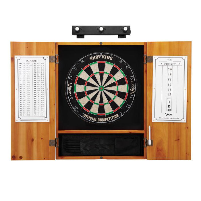 Viper | Shot King Sisal Dartboard | Metropolitan Cinnamon Cabinet | Padded Dart Mat | The Bull Starts Here | Shadow Buster Dartboard Lights & Laser Throw Line Marker