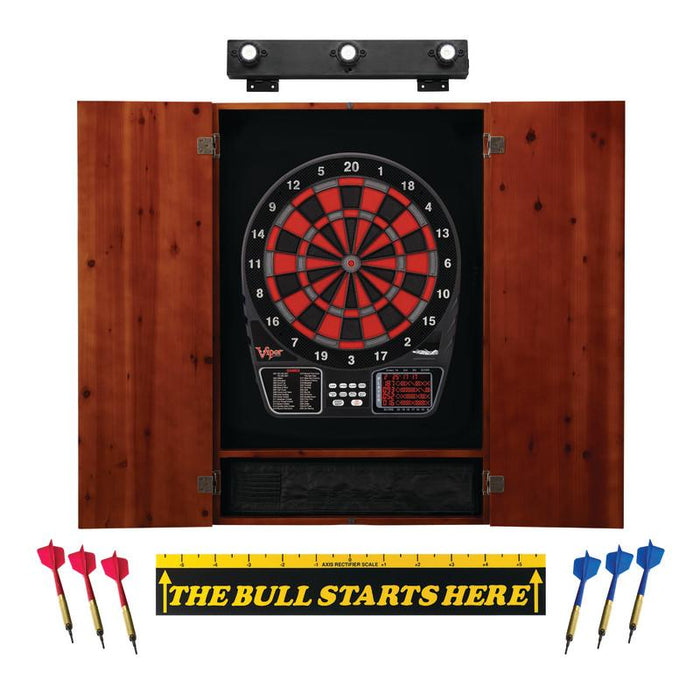 Viper 797 Electronic Dartboard, Metropolitan Cinnamon Cabinet, Throw Line Marker & Shadow Buster Dartboard Light Bundle Darts Viper 