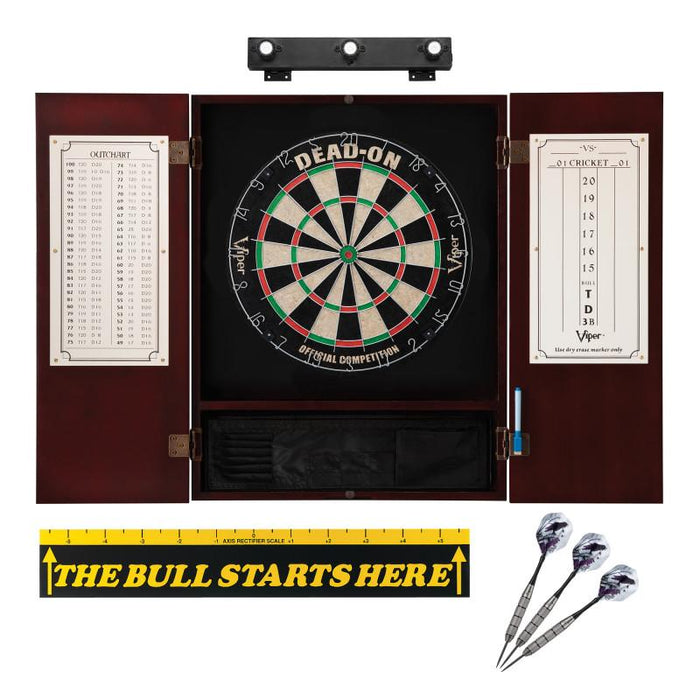 Viper Dead On Sisal Dartboard, Metropolitan Mahogany Cabinet, Shadow Buster Dartboard Lights & "The Bull Starts Here" Throw Line Marker Darts Viper 