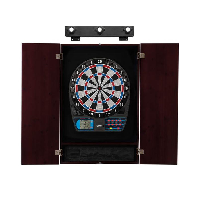 Viper | 787 Electronic Dartboard | Metropolitan Mahogany Cabinet | Laser Throw Line Marker | Padded Dart MAt | The Bull Starts Here | Shadow Buster Dartboard Lights