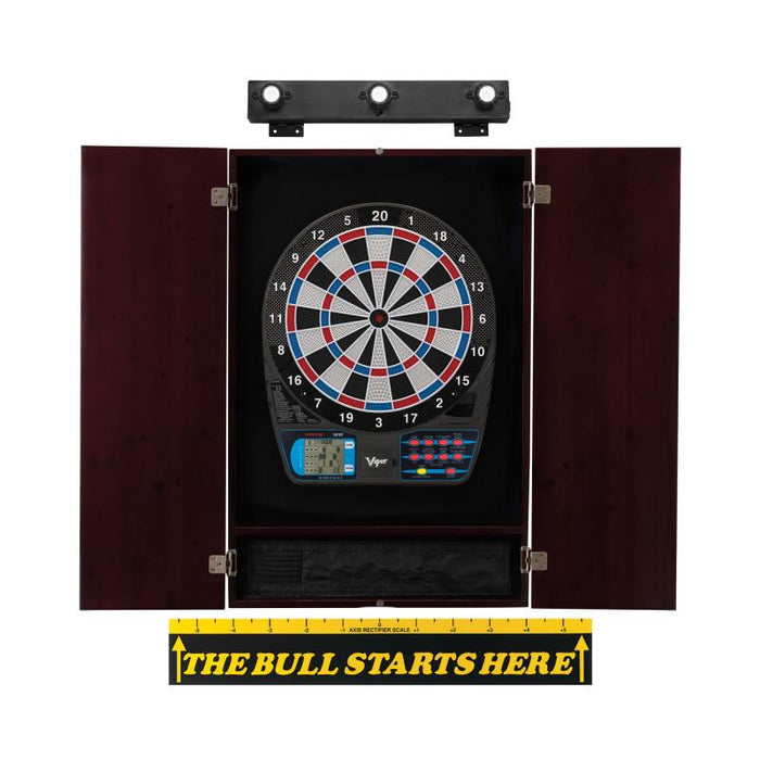 Viper | 787 Electronic Dartboard | Metropolitan Mahogany Cabinet | Laser Throw Line Marker | Padded Dart MAt | The Bull Starts Here | Shadow Buster Dartboard Lights
