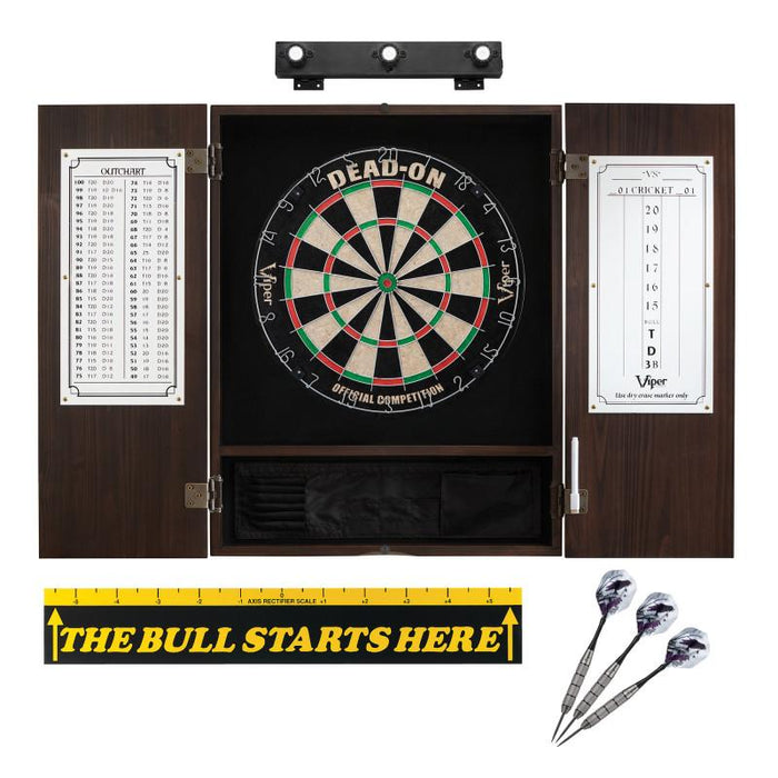 Viper | Dead On Sisal Dartboard | Metropolitan Espresso Cabinet | Shadow Buster Dartboard Lights | Laser Throw Line Marker |  Padded Dart Mat | The Bull Starts Here | Underground The Raven Steel Tip Darts