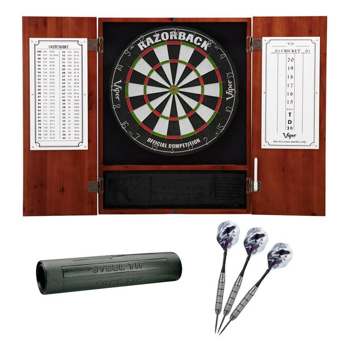 Viper Metropolitan Cinnamon Steel Tip Dartboard Cabinet, Viper Razorback Sisal Dartboard, Viper Underground Raven Steel Tip Darts 25 Grams, and Viper Vinyl Dart Mat Darts Viper 