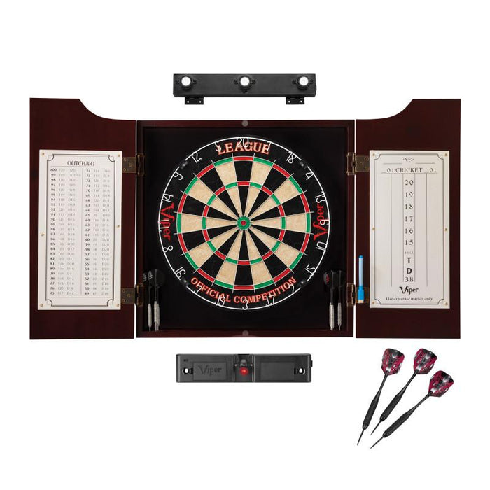 Viper League Sisal Dartboard, Hudson Mahogany Cabinet, Shadow Buster Dartboard Lights & Laser Throw Line Darts Viper 