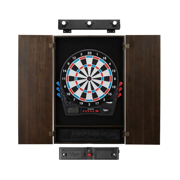 Viper Showdown Electronic Dartboard, Metropolitan Espresso Cabinet, Laser Throw Line & Shadow Buster Dartboard Light Bundle Darts Viper 