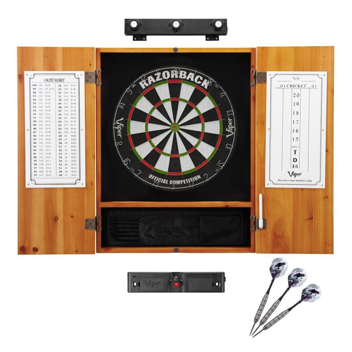 Viper Razorback Sisal Dartboard, Metropolitan Oak Cabinet, Shadow Buster Dartboard Lights & Laser Throw Line Marker Darts Viper 