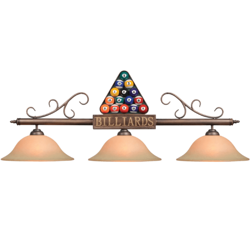 RAM Game Room | 56" - Billiard Balls in Rack | Amber Glass Shades | 3 - Shade Light Fixture