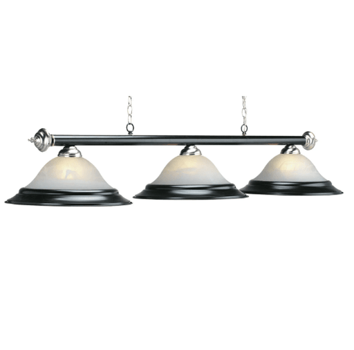 RAM Game Room | 60" | Alabaster Glass Shades | Metal Bar | 3 - Light Billiard Fixture