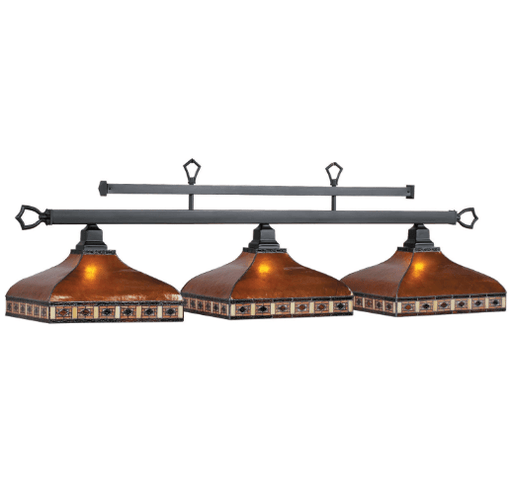 RAM Game Room | Tahoe | 56" | Amber Mica Shades | Suspension Chains | 3 - Light Billiard Fixture