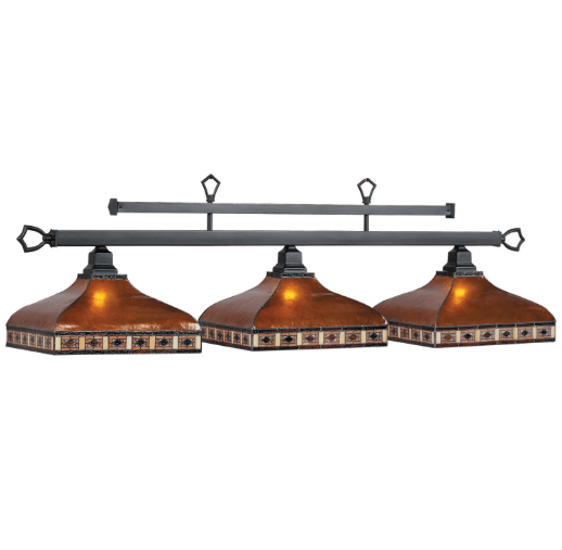 RAM Game Room | Tahoe | 56" | Amber Mica Shades | Suspension Chains | 3 - Light Billiard Fixture