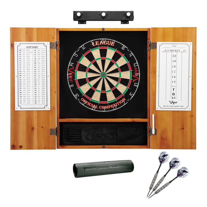 Viper | League Sisal Dartboard | Metropolitan Cinnamon Cabinet | Padded Dart Mat | The Bull Starts Here | Underground The Raven Steel Tip Darts | Shadow Buster Dartboard Lights & Laser Throw Line Marker