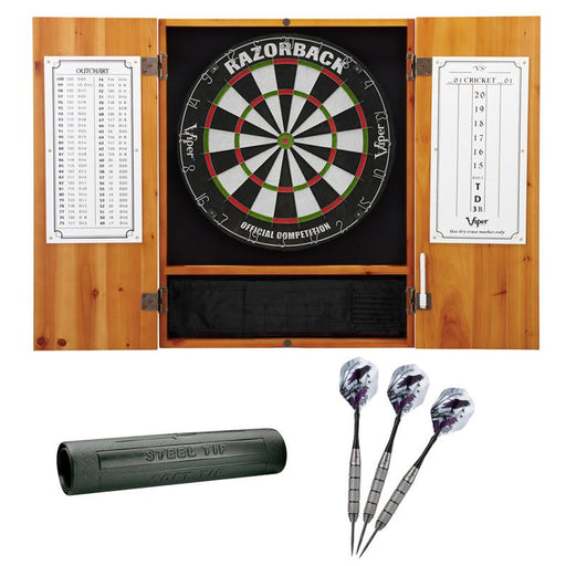 Viper Metropolitan Oak Steel Tip Dartboard Cabinet, Viper Razorback Sisal Dartboard, Viper Underground Raven Steel Tip Darts 25 Grams, and Viper Vinyl Dart Mat Darts Viper 