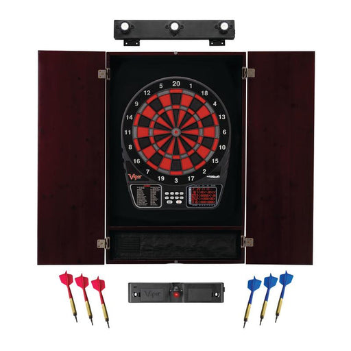 Viper 797 Electronic Dartboard, Metropolitan Mahogany Cabinet, Laser Throw Line Marker & Shadow Buster Dartboard Lights Darts Viper 