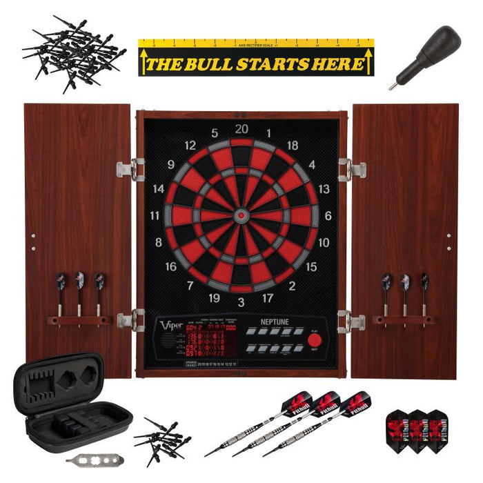 Viper Neptune Electronic Dartboard, "The Bull Starts Here" Throw Line Marker, Pitbull 18g Soft Tip Darts, Dart Tip Remover Tool & Tufflex II Black Dart Tips Darts Viper 