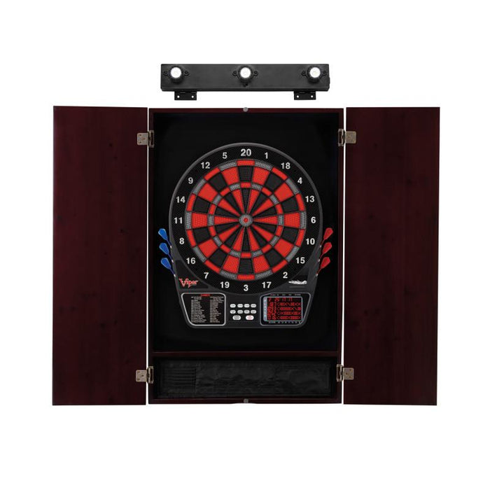 Viper 797 Electronic Dartboard, Metropolitan Mahogany Cabinet & Shadow Buster Dartboard Light Bundle Darts Viper 