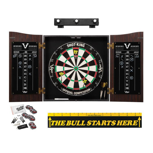 Viper Vault Cabinet with Shot King Sisal Dartboard, Shadow Buster Dartboard Lights, Steel Tip Dart Accessories Kit & "The Bull Starts Here" Throw Line Marker Darts Viper 