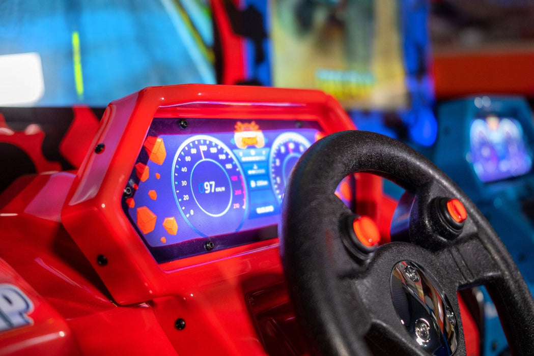 UNIS | BigFoot Crush | 2 - Player | Dual 32 - inch HD Screens | Steering Wheels | Racing Arcade Game