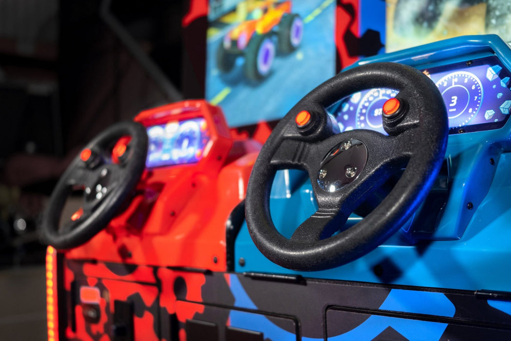 UNIS | BigFoot Crush | 2 - Player | Dual 32 - inch HD Screens | Steering Wheels | Racing Arcade Game