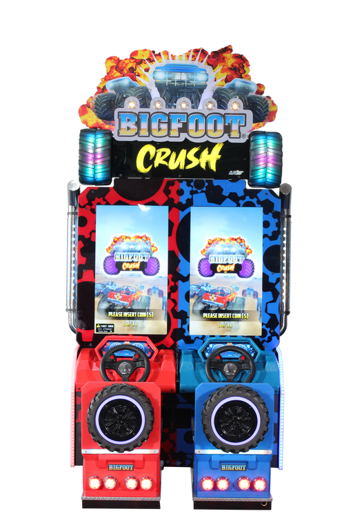 UNIS | BigFoot Crush | 2 - Player | Dual 32 - inch HD Screens | Steering Wheels | Racing Arcade Game