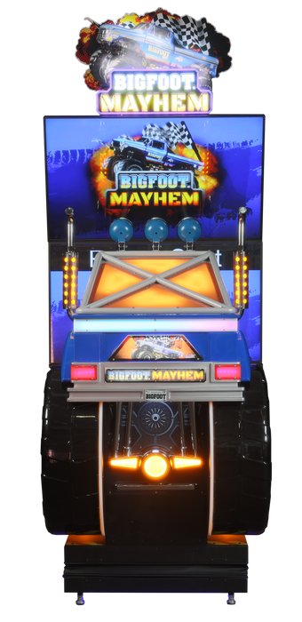UNIS | BigFoot Mayhem | Dual 65 - inch LCD Screens | Steering Wheel | Racing Arcade Game