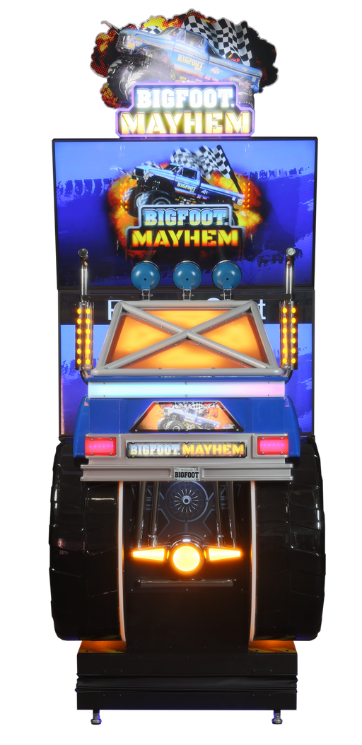 UNIS | BigFoot Mayhem | Dual 65 - inch LCD Screens | Steering Wheel | Racing Arcade Game