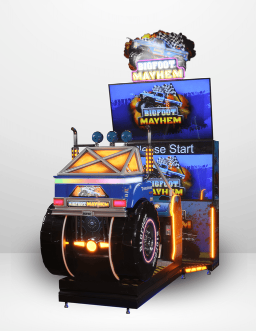 UNIS | BigFoot Mayhem | Dual 65 - inch LCD Screens | Steering Wheel | Racing Arcade Game