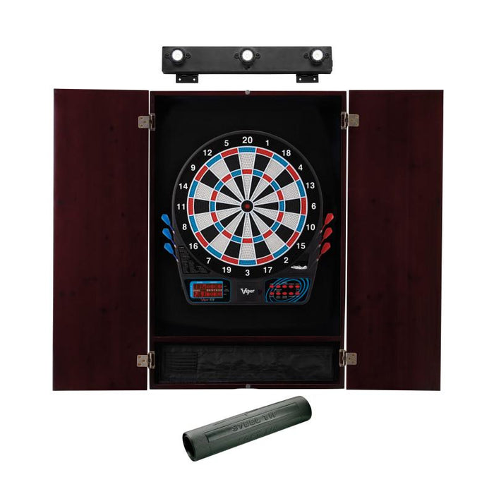 Viper | 777 Electronic Dartboard | Metropolitan Mahogany Cabinet | Laser Throw Line Marker | Padded Dart MAt & Shadow | The Bull Starts Here | Shadow Buster Dartboard Lights