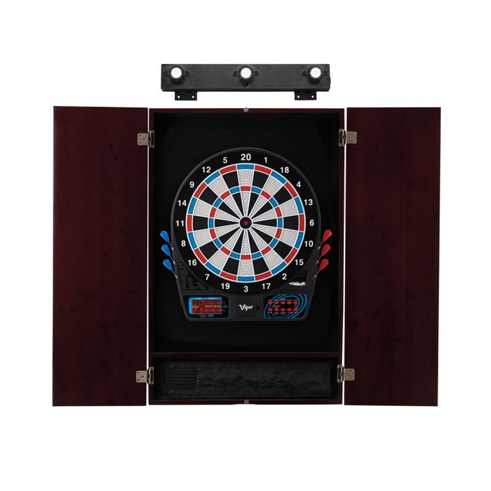 Viper | 777 Electronic Dartboard | Metropolitan Mahogany Cabinet | Laser Throw Line Marker | Padded Dart MAt & Shadow | The Bull Starts Here | Shadow Buster Dartboard Lights