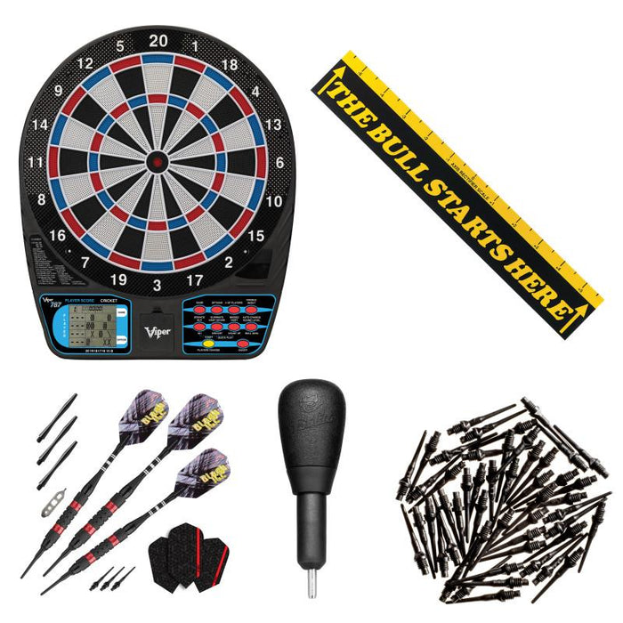 Viper | 787 Electronic Dartboard Bundle with Black Ice | Pitbull 18g Soft Tip Darts | Throw Line Marker | Tip Remover Tool