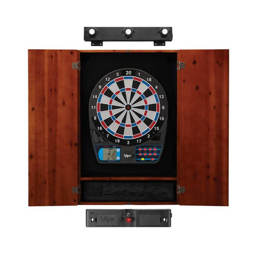 Viper | 787 Electronic Dartboard | Metropolitan Cinnamon Cabinet | Padded Dart Mat | The Bull Starts Here | Shadow Buster Dartboard Lights & Laser Throw Line Marker
