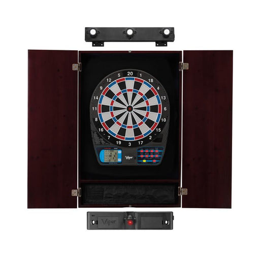 Viper | 787 Electronic Dartboard | Metropolitan Mahogany Cabinet | Laser Throw Line Marker | Padded Dart MAt | The Bull Starts Here | Shadow Buster Dartboard Lights