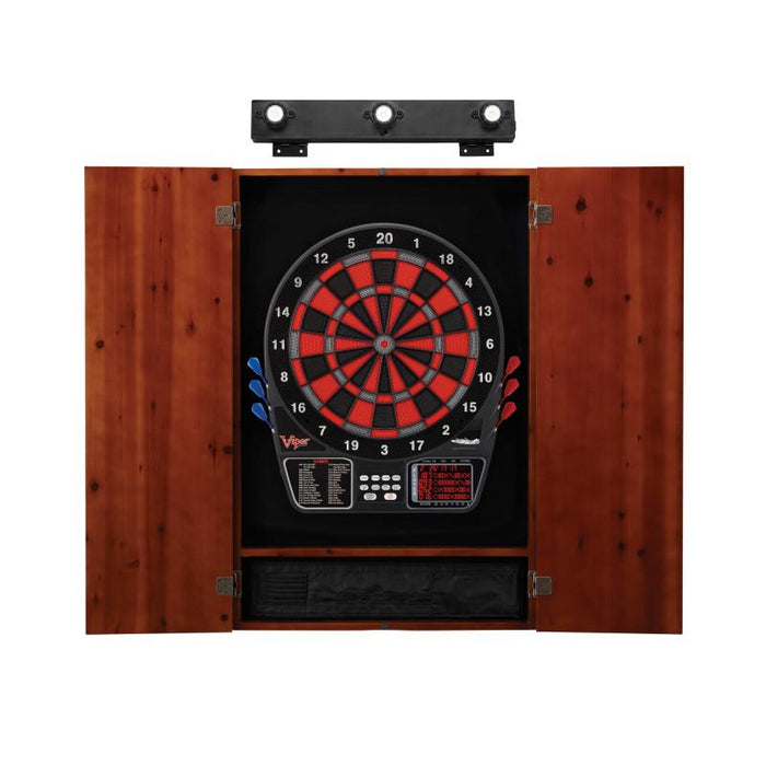 Viper | 797 Electronic Dartboard | Metropolitan Cinnamon Cabinet | Padded Dart Mat | The Bull Starts Here | Shadow Buster Dartboard Lights & Laser Throw Line Marker