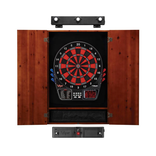 Viper | 797 Electronic Dartboard | Metropolitan Cinnamon Cabinet | Padded Dart Mat | The Bull Starts Here | Shadow Buster Dartboard Lights & Laser Throw Line Marker