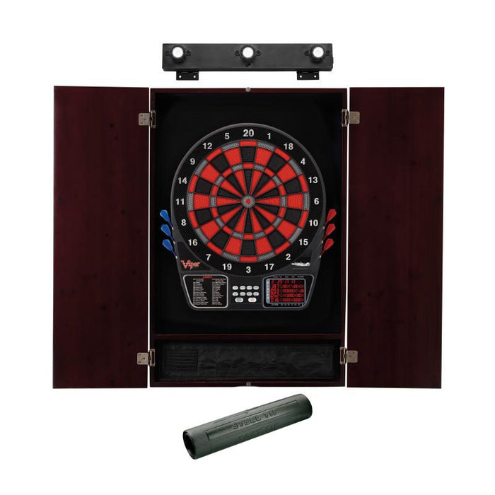 Viper | 797 Electronic Dartboard | Metropolitan Mahogany Cabinet | Laser Throw Line Marker | Padded Dart MAt | The Bull Starts Here | Shadow Buster Dartboard Lights