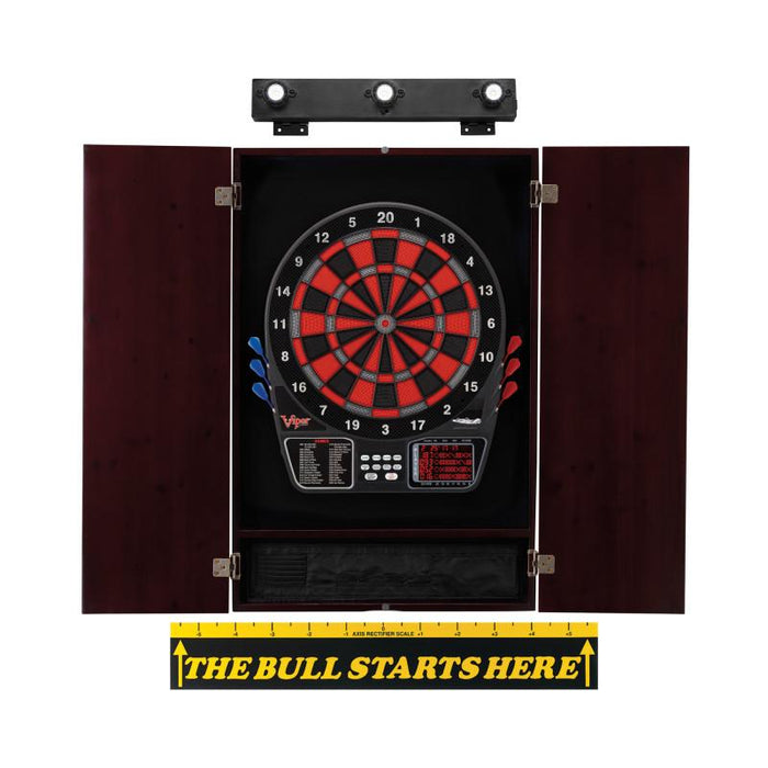 Viper | 797 Electronic Dartboard | Metropolitan Mahogany Cabinet | Laser Throw Line Marker | Padded Dart MAt | The Bull Starts Here | Shadow Buster Dartboard Lights