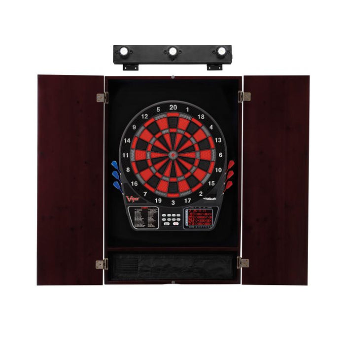 Viper | 797 Electronic Dartboard | Metropolitan Mahogany Cabinet | Laser Throw Line Marker | Padded Dart MAt | The Bull Starts Here | Shadow Buster Dartboard Lights