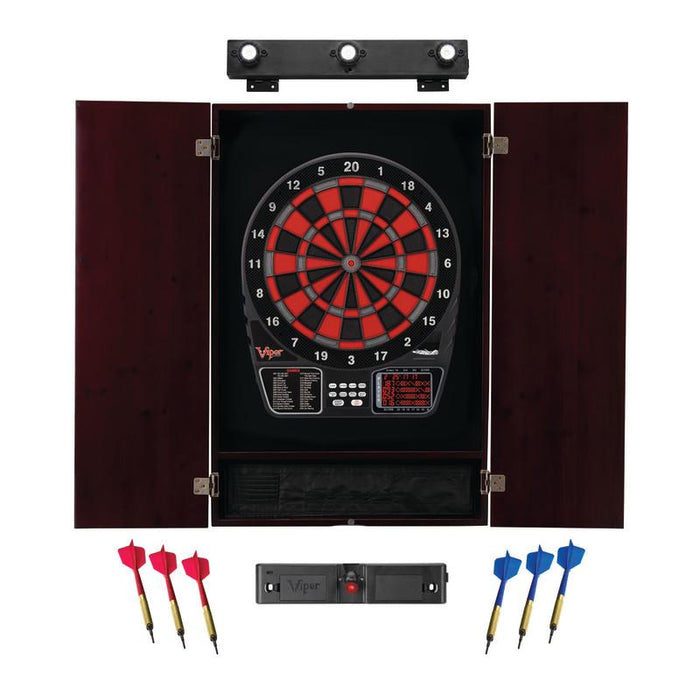 Viper | 797 Electronic Dartboard | Metropolitan Mahogany Cabinet | Laser Throw Line Marker | Padded Dart MAt | The Bull Starts Here | Shadow Buster Dartboard Lights