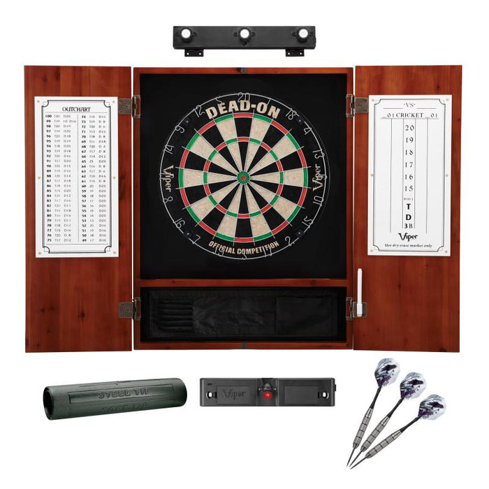 Viper | Dead On Sisal Dartboard | Metropolitan Cinnamon Cabinet | Padded Dart Mat | Underground The Raven Steel Tip Darts | Shadow Buster Dartboard Lights & Laser Throw Line Marker
