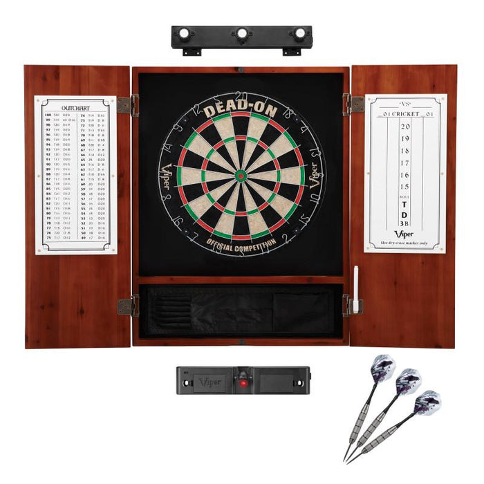 Viper | Dead On Sisal Dartboard | Metropolitan Cinnamon Cabinet | Padded Dart Mat | Underground The Raven Steel Tip Darts | Shadow Buster Dartboard Lights & Laser Throw Line Marker