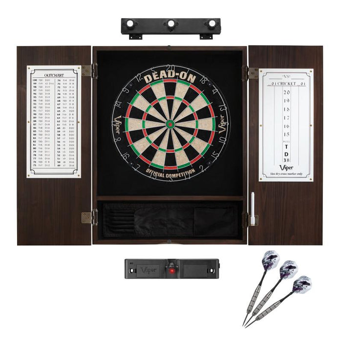 Viper | Dead On Sisal Dartboard | Metropolitan Espresso Cabinet | Shadow Buster Dartboard Lights | Laser Throw Line Marker | Padded Dart Mat | The Bull Starts Here | Underground The Raven Steel Tip Darts