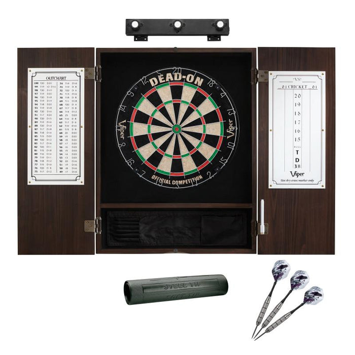Viper | Dead On Sisal Dartboard | Metropolitan Espresso Cabinet | Shadow Buster Dartboard Lights | Laser Throw Line Marker | Padded Dart Mat | The Bull Starts Here | Underground The Raven Steel Tip Darts