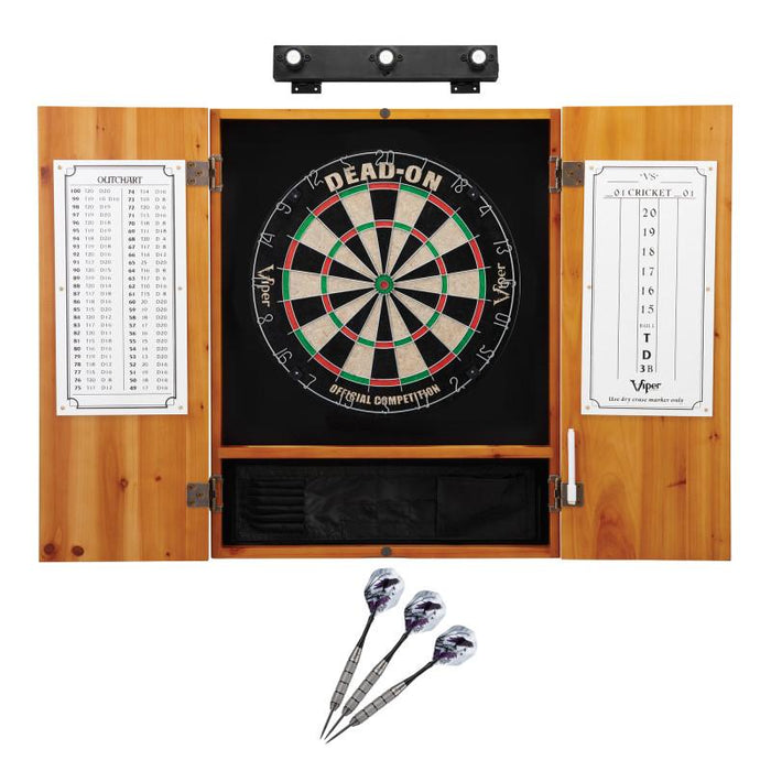 Viper | Dead On Sisal Dartboard | Metropolitan Oak Cabinet | Padded Dart Mat | The Bull Starts Here | Underground The Raven Steel Tip Darts | Shadow Buster Dartboard Lights & Laser Throw Line Marker